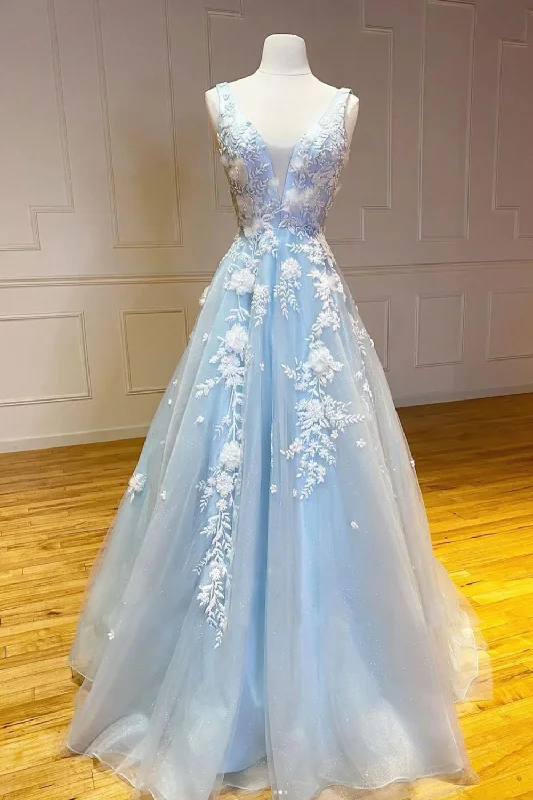 women's smart casual dressesBlue V neck applique tulle lace long elegant ball gown evening dress gh2306