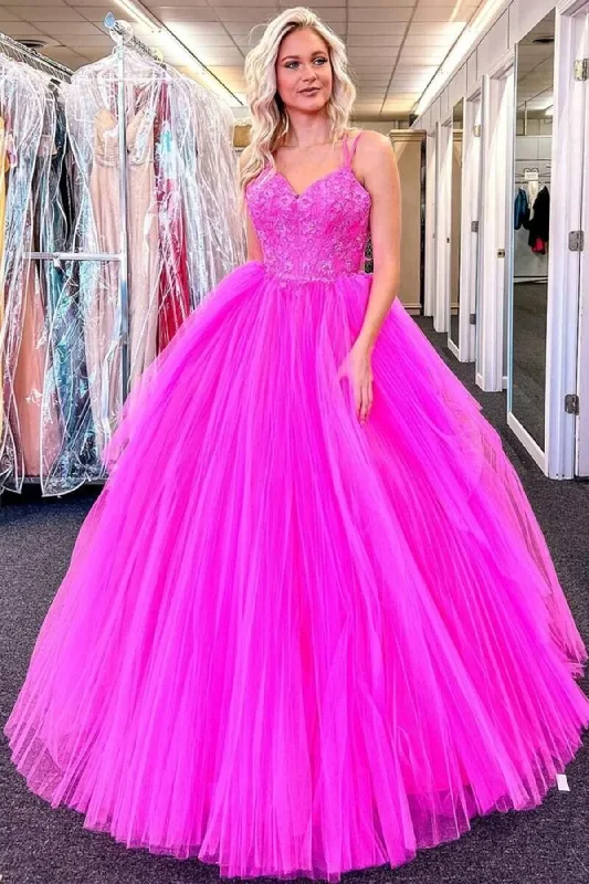 women's bow dressesV Neck Fuchsia Lace Appliques Tulle Long Prom Dresses, Fuchsia Lace Formal Evening Dresses, Fuchsia Ball Gown gh2562