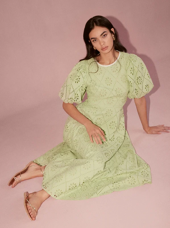 Bow-Tie DressChiara Pistachio Broderie Midi Dress