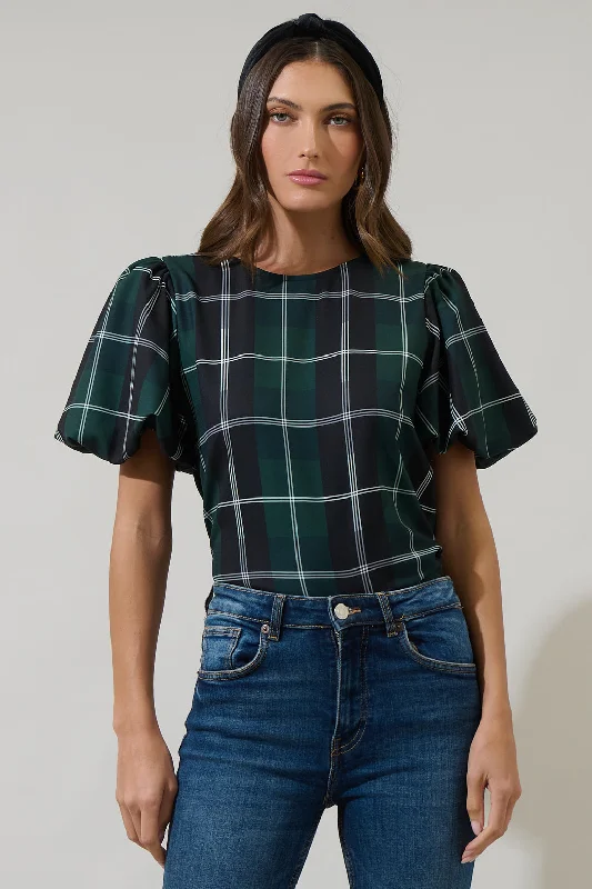 silk women's topsSweet Beyond Plaid Puff Sleeve Blouse