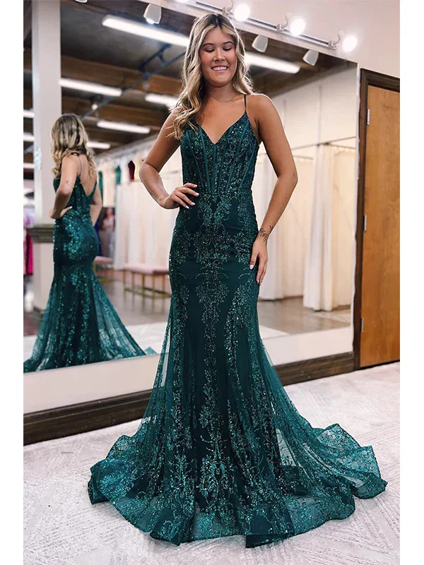 women's A-line dressesGreen Tulle Mermaid Spaghetti Straps V-Neck Prom Dress Evening Dress gh2612