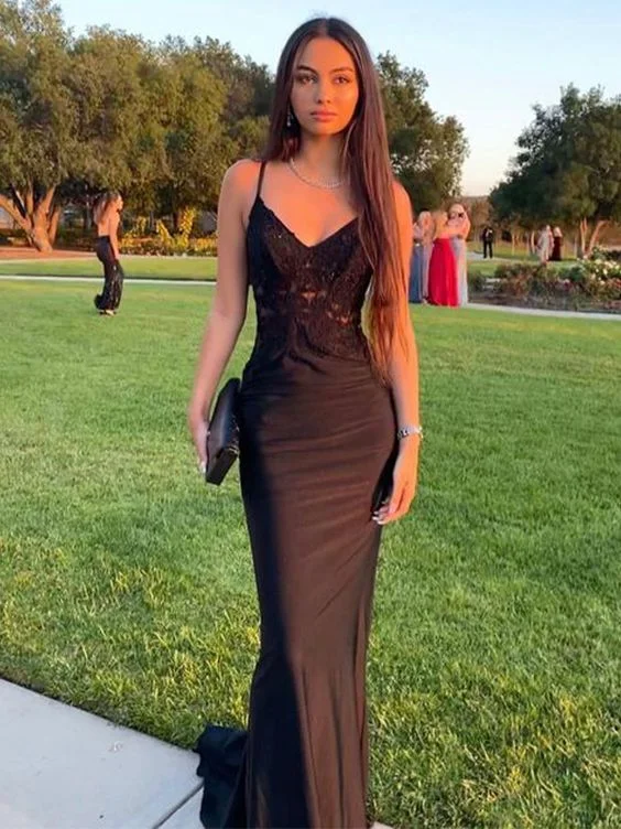 women's fair-trade dressesBodycon stretch woven satin applique v neck sleeveless long black ball gown evening dress gh3000