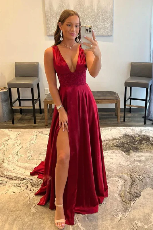 women's curve-hugging dressesBurgundy V Neck Lace Long Prom Evening Dress With High Slit gh2526