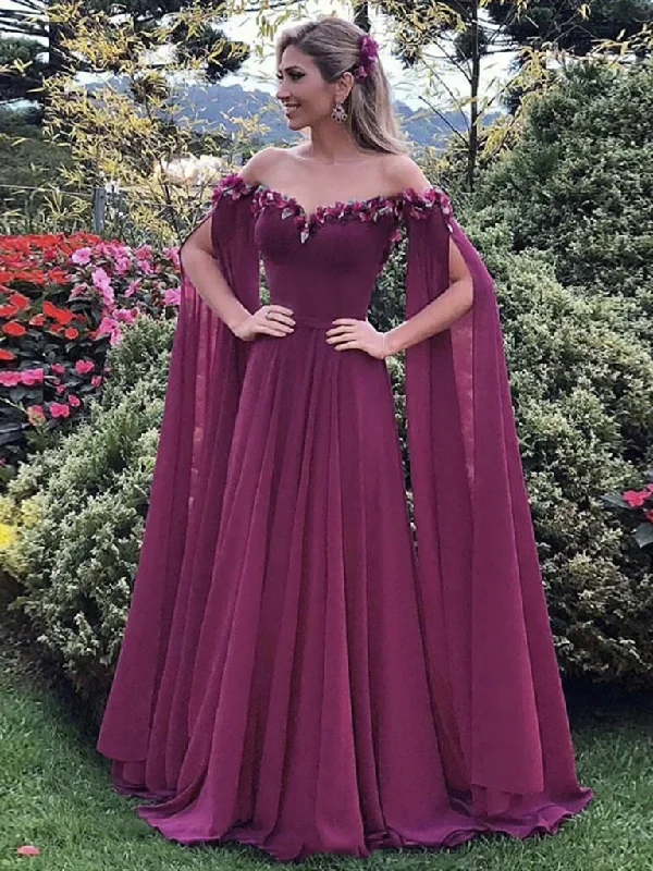 women's ruffle dressesOff the Shoulder Purple Floral Long Prom Dresses, Purple Long Formal Evening Dresses  gh2330