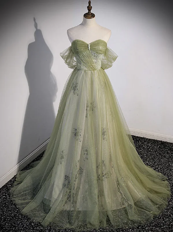 women's flutter-sleeved dressesAline Green Long Prom Dress, Green Tulle Formal Evening Dress gh2572