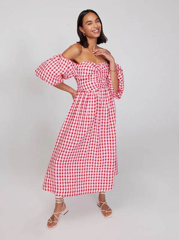 women's easy-to-wear dressesAlexis Red Gingham Bardot Midi Dress