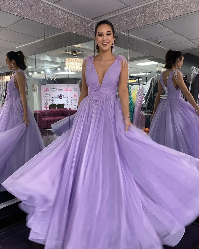 Vintage DressDeep V Neck Purple Tulle Long Prom Dress, Long Lavender Formal Evening Dress gh2220