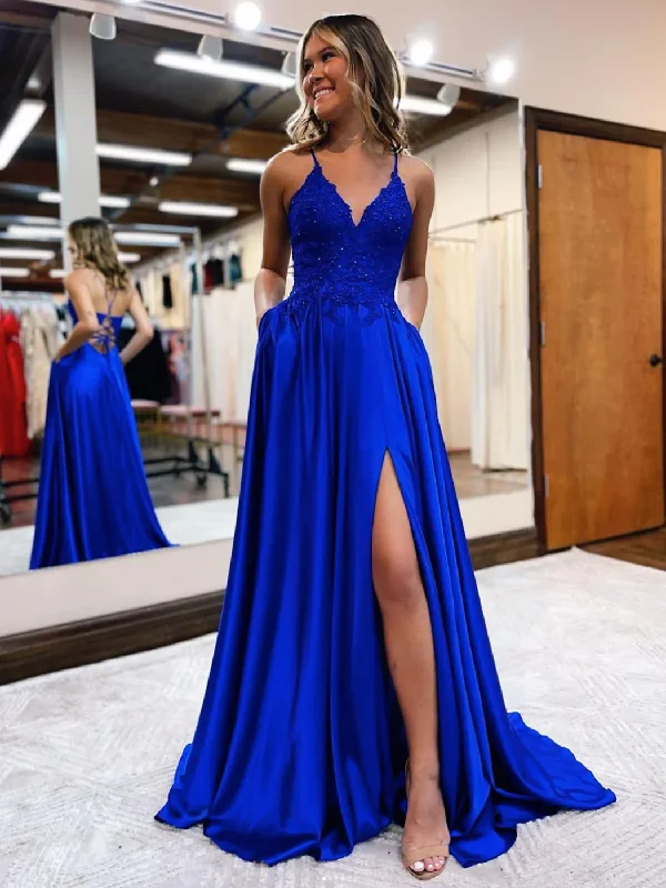 Elegant DressBlue v neck satin lace long prom dress, blue evening dress gh2442