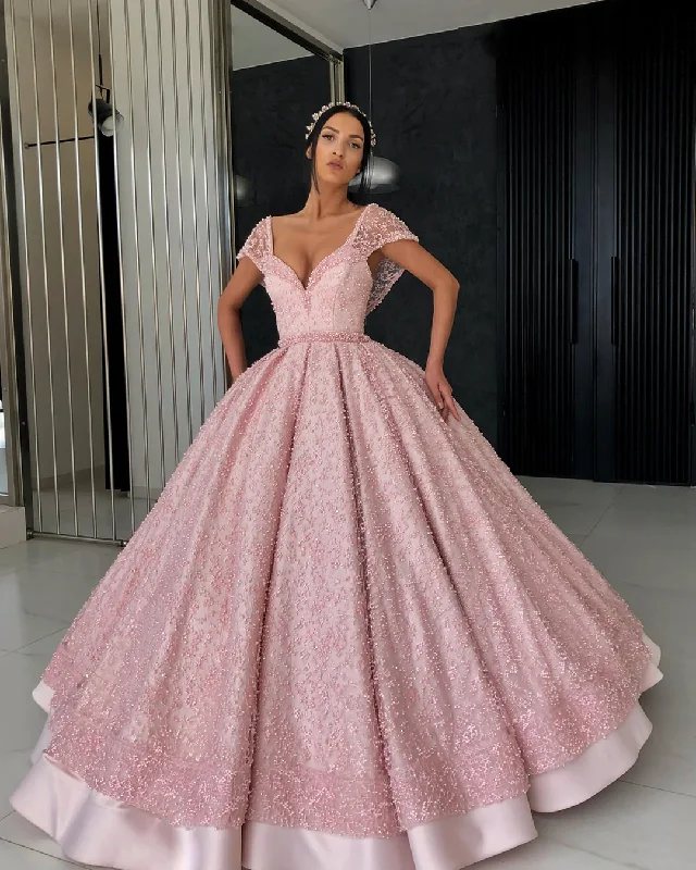 Petite DressGorgeous pink ball gown V neck floor length organza beaded crochet flowers evening dress gh2221