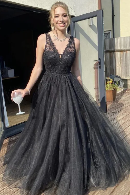 Zip-Up DressA Line V Neck Black Lace Long Prom Dresses, Black Lace Formal Dresses, Black Evening Dresses gh2650