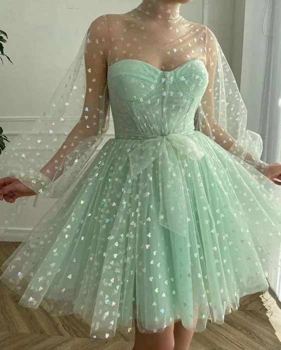 Embellished DressA-Line Tulle Evening Dresses, Long Sleeves Princess Gown Homecoming Dress  gh1683