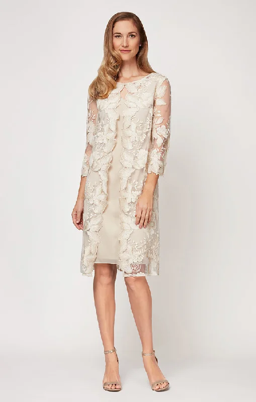 Trumpet DressMidi Embroidered Mock Jacket Dress with Attached Jacket & Chiffon Tank Dress