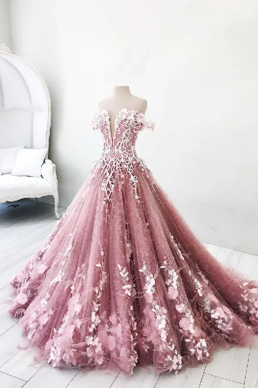 women's petite dressesUnique pink tulle lace long prom dress, pink tulle lace evening dress gh2315