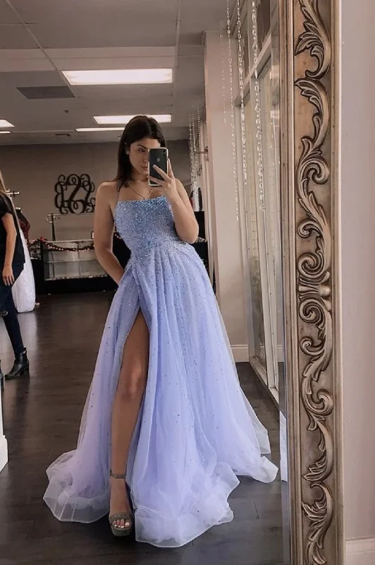 women's maximalist dressesBLUE TULLE BEADS LONG A LINE PROM DRESS EVENING gh2165