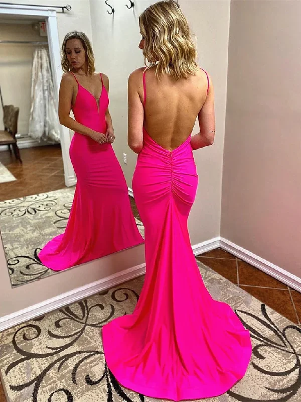 Organza DressV Neck Hot Pink Mermaid Long Prom Dresses, Hot Pink Mermaid Formal Evening Dresses gh2257