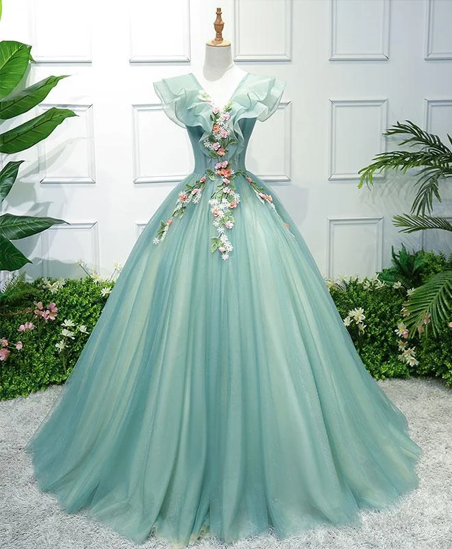 women's metallic dressesGreen V Neck Tulle Long Prom Dress, Formal Dresses, Green Evening Dress  gh2194