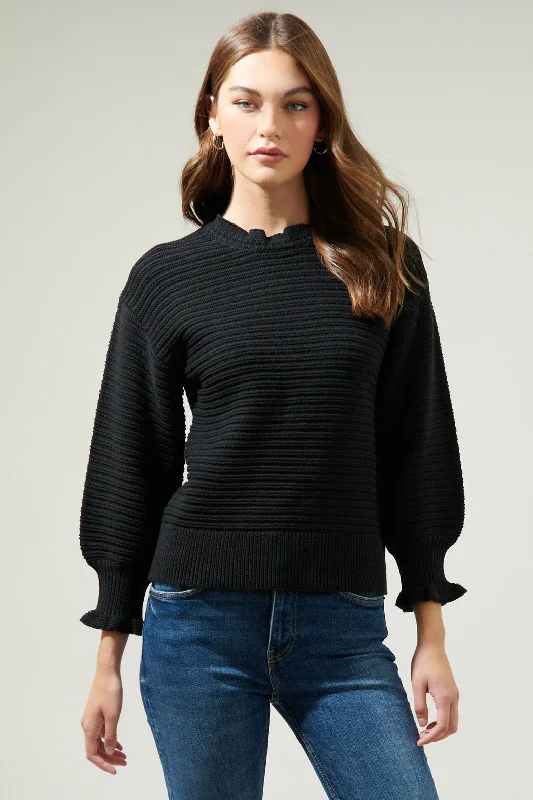 women's tops for those who appreciate subtle and muted tonesVee Ruffle Neck Ribbed Sweater