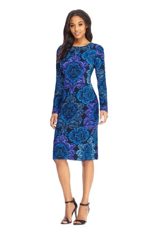 women's sustainable dressesMaggy London - GSF03M Long Sleeve Floral Print Midi Dress - 1 Pc Navy Blue in Size 4 Available