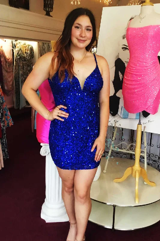 women's bow dressesRoyal Blue Sequin V-Neck Cutout Back Bodycon Short Dress  gh1256