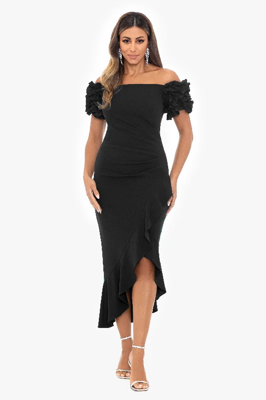 Velvet DressPetite "Loretta" Scuba Crepe Off the Shoulder Ruffle Sleeve Midi Dress