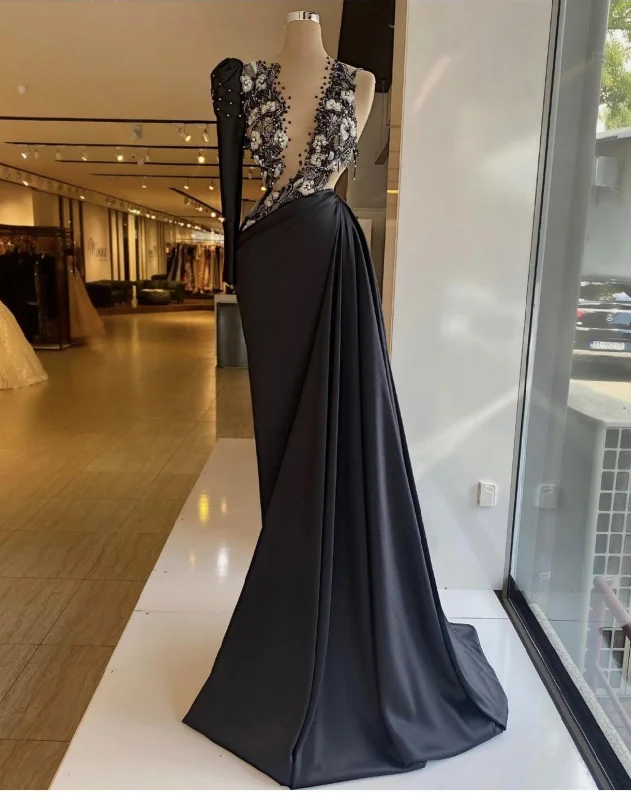 women's spaghetti strap dressesblack prom dresses, long sleeve prom dresses, hand made flowers prom dresses, black evening dresses, long sleeve evening gowns  gh2188