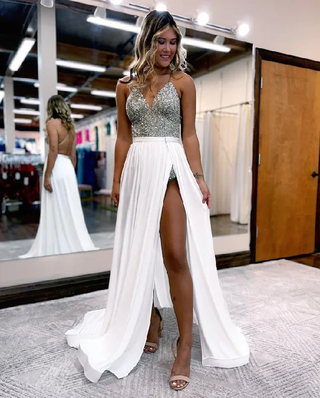 Chiffon DressCharming Bodycon V Neck Sliver Sequins Short Prom Dresses with Detachable Train gh2525