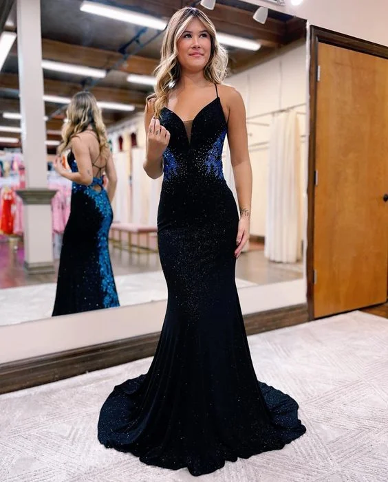 Peplum DressBlack V-Neck Spaghetti-Strap Trumpet Evening Dress For Prom With Appliques gh2714