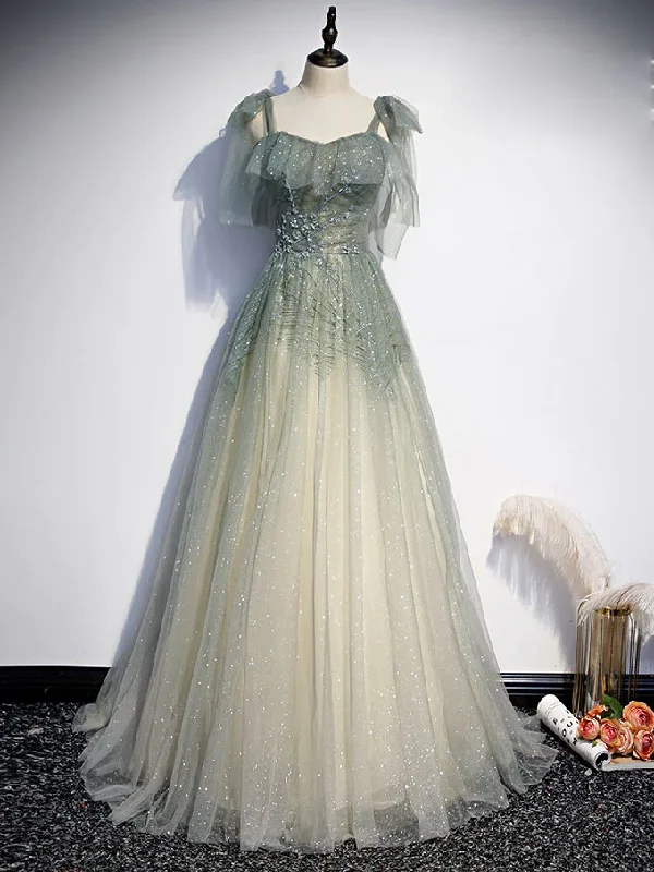 Party DressGray Green Tulle Sequin Beads Long Prom Dress, Green Evening Dress  gh2132