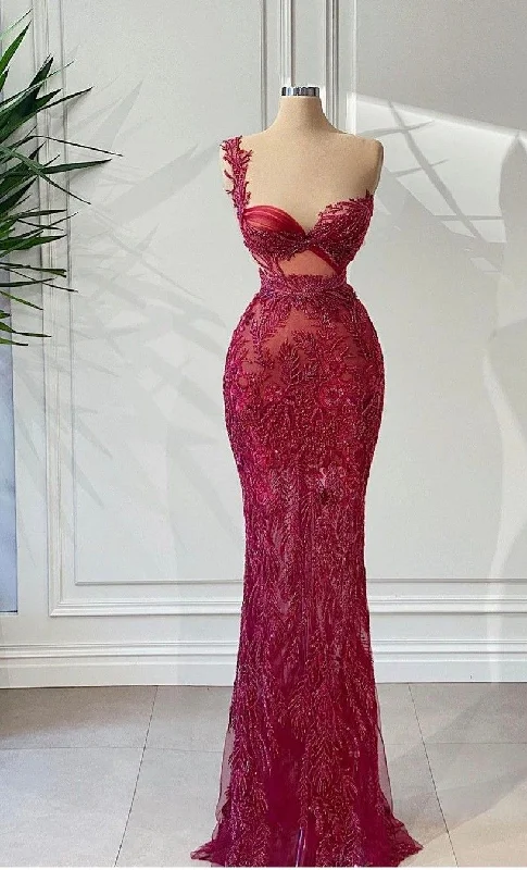 women's versatile dressesLuxury gorgeous elegant one shoulder burgundy long ball gown sexy bodycon evening dress gh2724