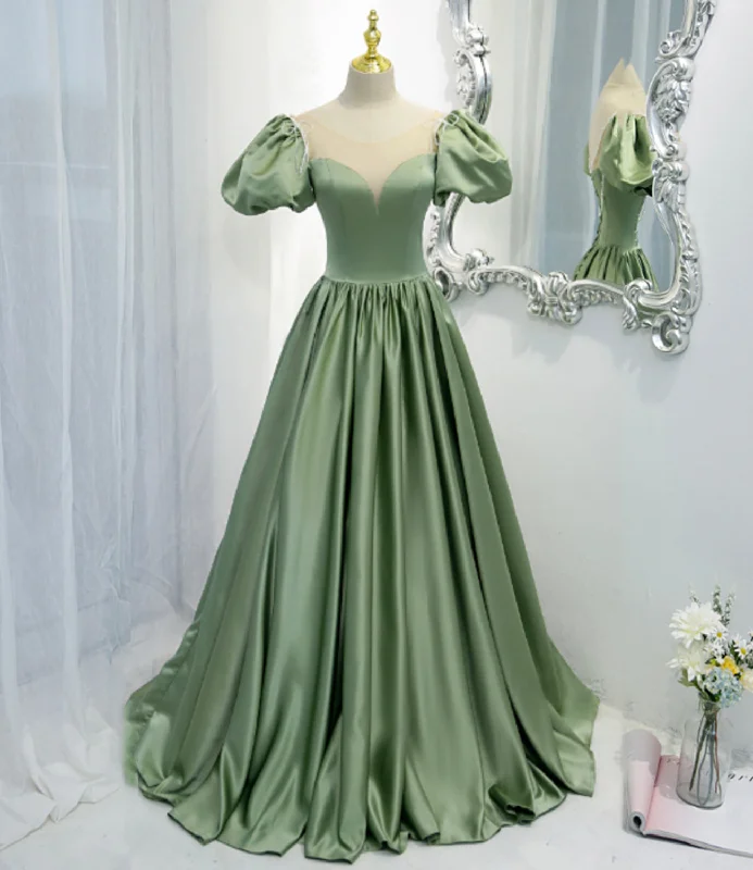 Leather DressGreen satin long A line prom dress green evening dress  8810