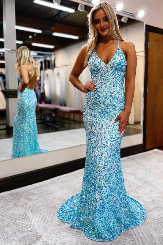 Cheetah Print DressBlue Sequin Backless Long Prom Dress sparkly evening dress gh2401