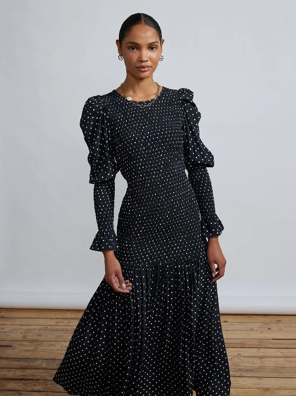 women's unique dressesWren Black Polka Dot Shirred Midi Dress