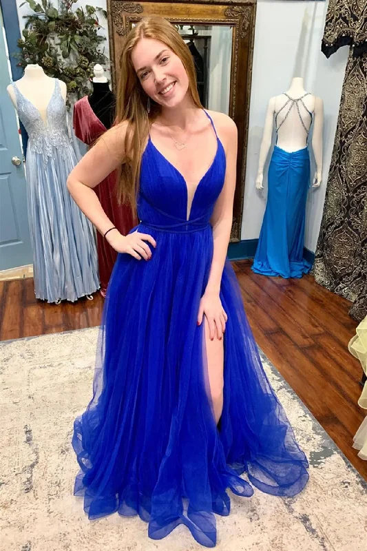 Vintage DressV Neck Backless Blue Tulle Long Prom Dresses with High Slit, Backless Blue Formal Graduation Evening Dresses gh2645