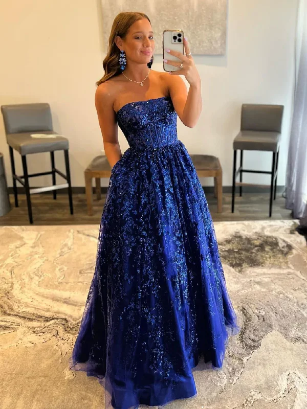 women's evening dressesBlue A line tulle sequin long prom dress, blue tulle evening dress  gh2213