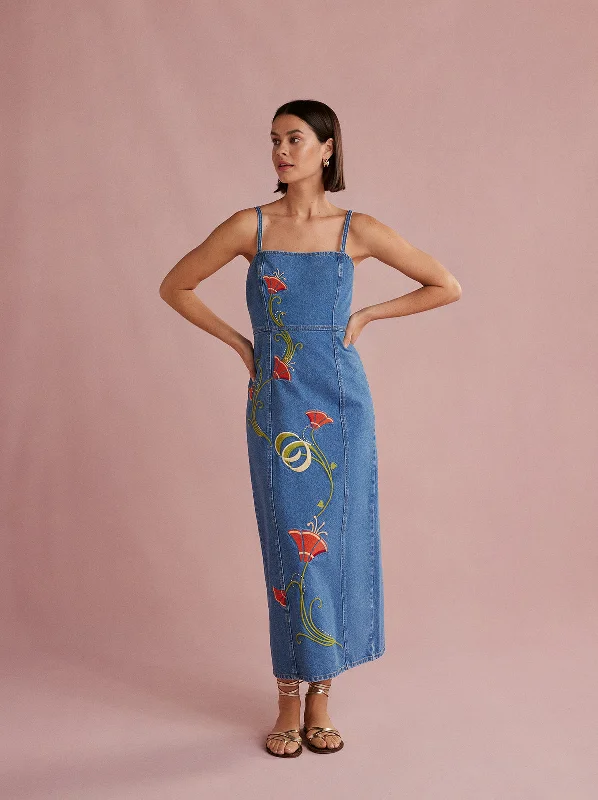 Flutter-Sleeve DressUrsula Embroidered Denim Midi Dress