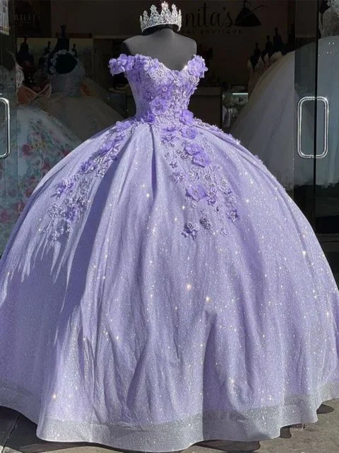 Silk DressLilac sparkling long ball gown evening dress quinceanera 3D flower sweetheart 15 16 princess ball gown gh910