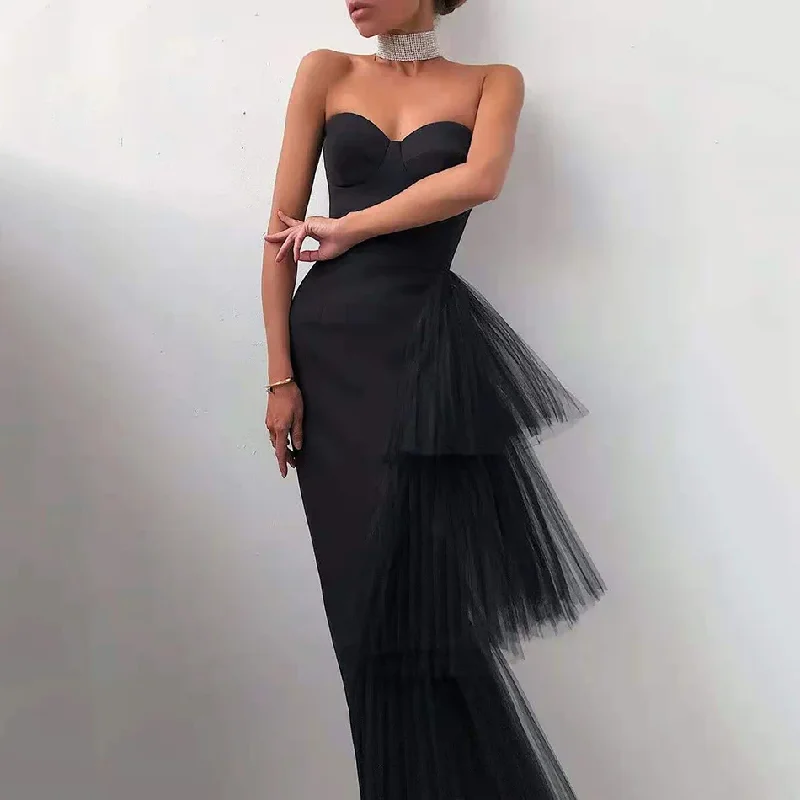 Wrap DressSexy Satin Black/White Evening Dress 2024 Mermaid Strapless Tiered Off Shoulder Sleeveless Girl Formal Prom Dress gh2122