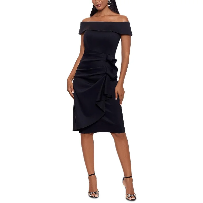 women's apple-shaped body dressesXscape Womens Petites Off-The-Shoulder Sheath Bodycon Dress