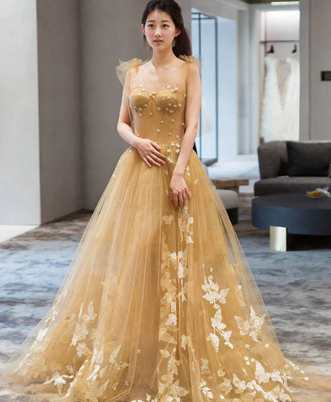 Scoop-Neck DressChampagne tulle lace long prom dress, tulle lace evening dress gh2231