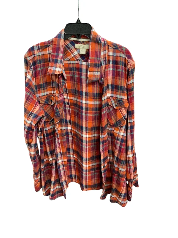 women's tops with asymmetrical designsTop Long Sleeve By Natural Reflections In Plaid Pattern, Size: 2x