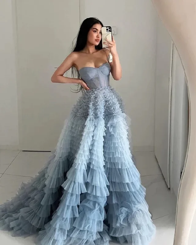 Cold-Shoulder DressLight blue gorgeous A-line sweetheart layered ruffle tulle long ball gown evening dress gh2685