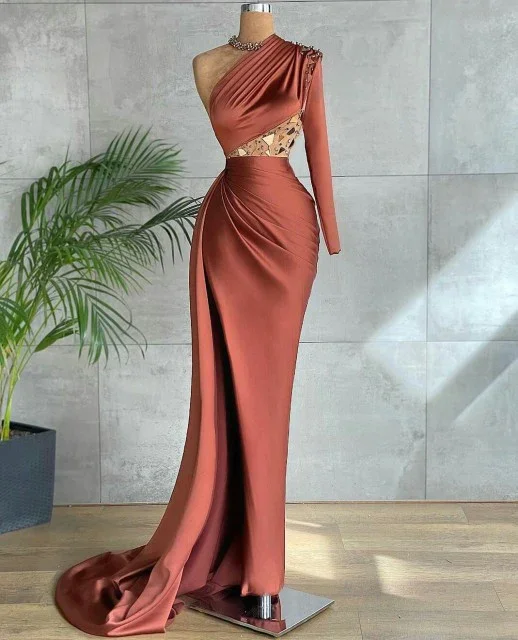 women's floral dressesBrown fashion elegant one shoulder long evening dress prom dress gh2201