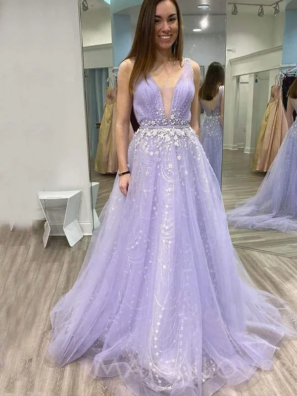 women's sustainable dressesLilac Tulle Deep V-neck Beaded Long Evening Prom Dresses, Cheap Custom Prom Dress gh2500