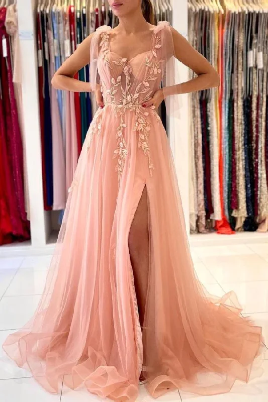 women's sustainable dressesPink charming heart-shaped sling tulle slit long evening dress gh2169