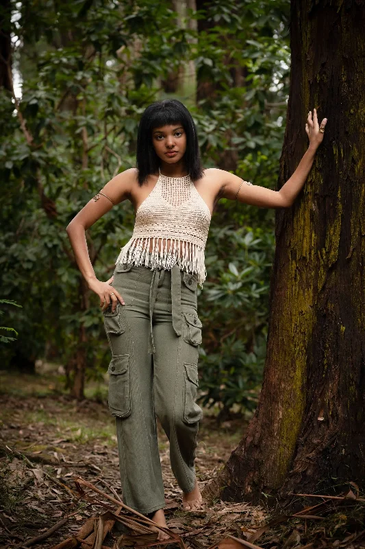 women's tops for those who want to wear versatile pieces that can be dressed up or downCrochet Fringe Cropped Top - White