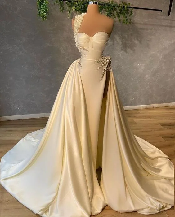 women's ruffle dressesOne Shoulder Pearls Satin Bridal Gown evening dress gh2567