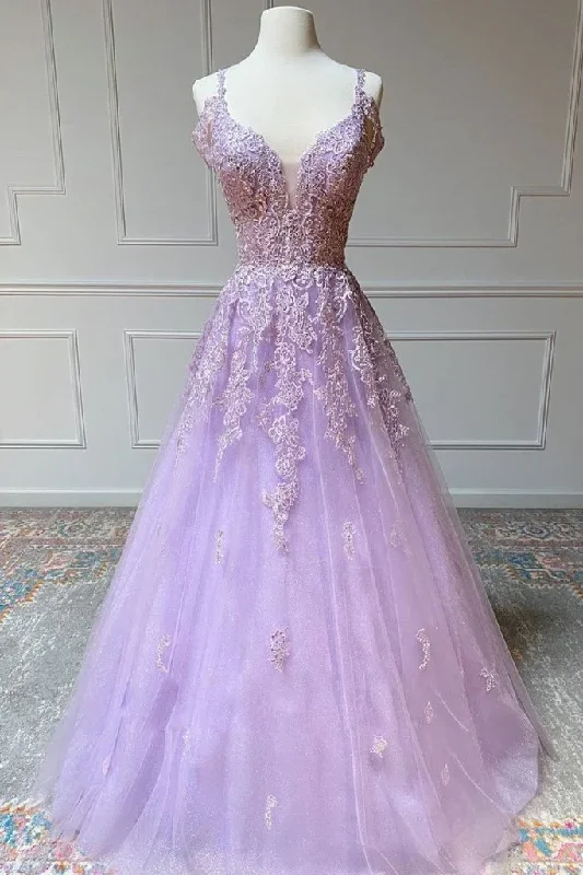 Empire DressV Neck Off Shoulder Long Lilac Lace Prom Dress, Off Shoulder Purple Lace Formal Graduation Evening Dress gh2123