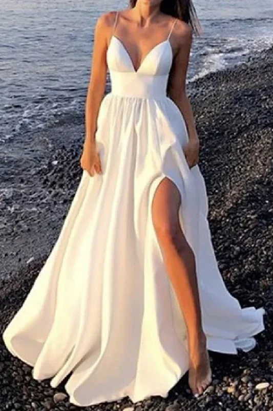 Fit-And-Flare DressV Neck Open Back White Long Prom Dress with High Slit, V Neck White Formal Graduation Evening Dress gh2125