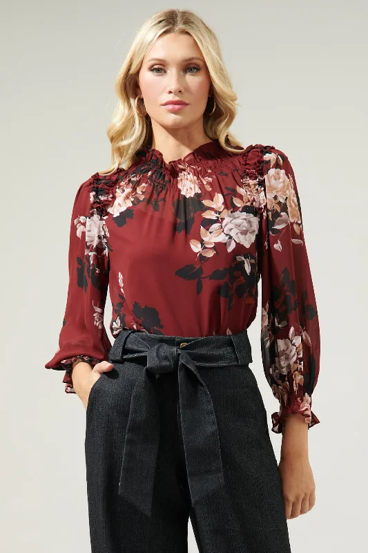 women's tops for statement-making outfitsBordeaux Floral Robin Ruffle Blouse