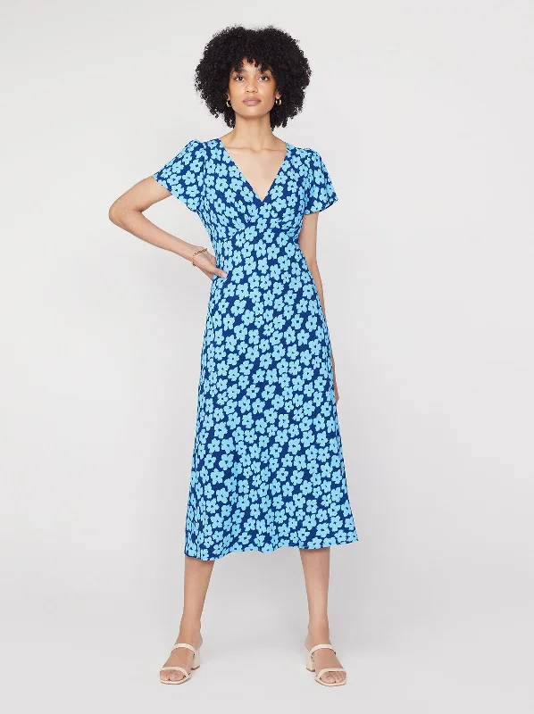 women's cold-shoulder dressesEffie Blue Blurred Floral Midi Dress